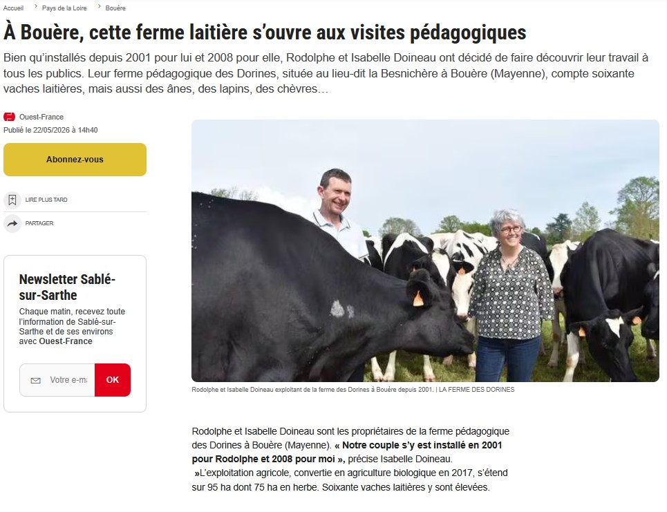 Article Ouest France sur la ferme des Dorines et la Fete du lait Bio - mai 2026